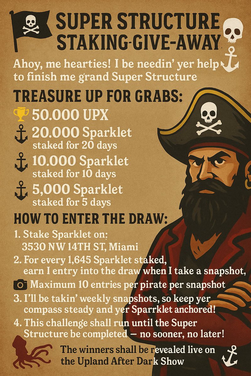 UplandBazza86's tweet image. 🏴☠️UPLAND STAKING GIVE-AWAY⚓️
For helpin’ me build out the mighty @NGH1645 Node, ye’ll be entered into a draw for treasure!
🦜Cast yer eyes upon the poster fer all the details!
⭐️Winners shall be revealed live on the
Upland After Dark Show, so give them a subscribe!