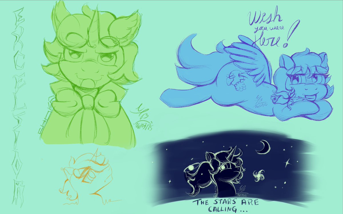 Choko_Rev's tweet photo. [Sketch] Some sketches of my OCs Laurélie and Azulemora, and Hoshi (Tebu’s OC). 🥂

Wasn’t gonna post these, but hey, here ya go! 😅

Enjoy! ✨

[🍫]  

#sketching #Doodles #digitaldrawing #OC #mlpfanart #mlpart https://t.co/T3reOD25oj