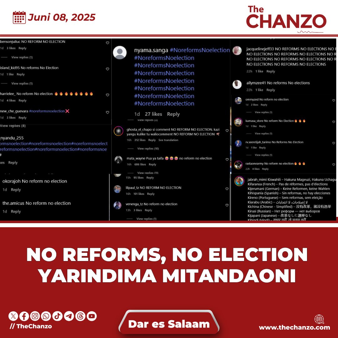 No Reforms, No Election Yarindima Mitandaoni

Watanzania mitandaoni wameibuka kwa wingi kusambaza ujumbe wa No Reforms, No Election (Bila Mabadiliko, Hakuna Uchaguzi) wa chama cha CHADEMA mitandaoni, hii  imefanya kampeni hiyo kuwa jambo pekee linalozungumzwa kwa ujumla  katika