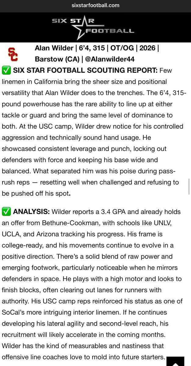 Alanwilder44's tweet photo. Thank you @sixstarfootball for the article. @CoachWeev_Goat @BarstowFTBL @GregBiggins @uscfb https://t.co/hTdQwbTER1