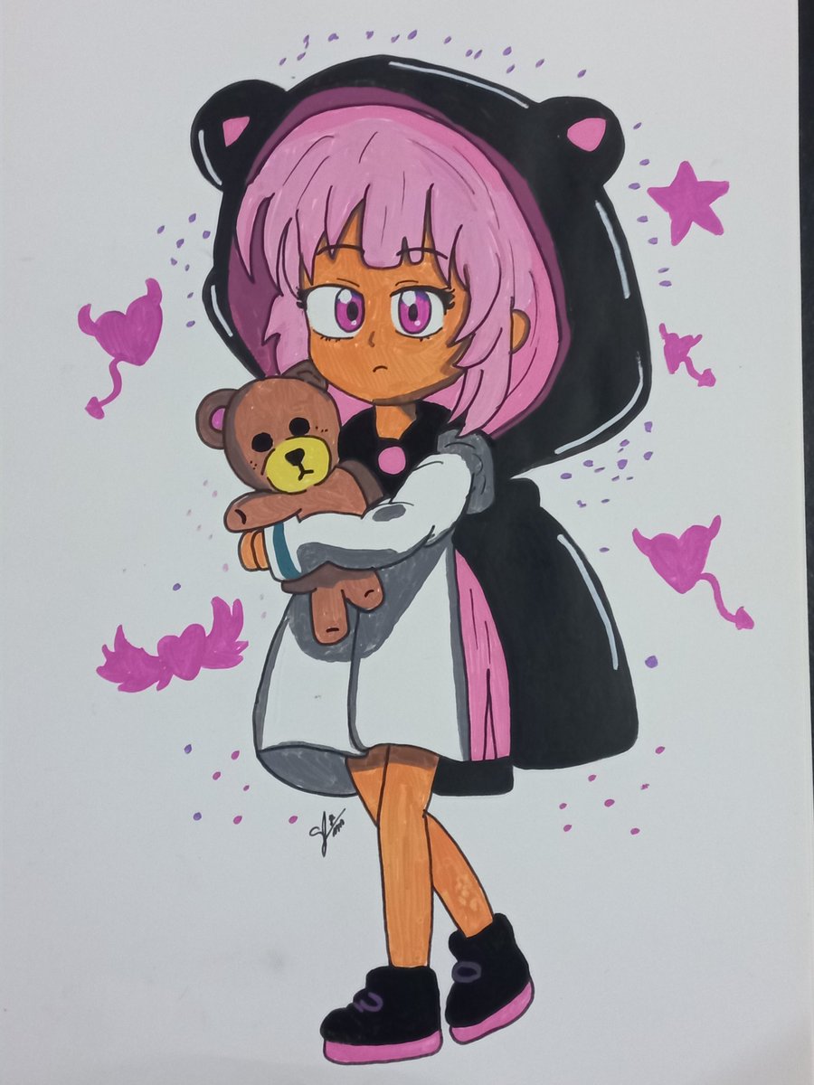 Ella es Alina una chica con el cabello rosa, que ama a los osos, y pobre de aquel que le quite su osito de felpa y sus dulces. Cuidado, puede ser una chica un poco rebelde.
#originalcharacter #fanart #Art #drawing