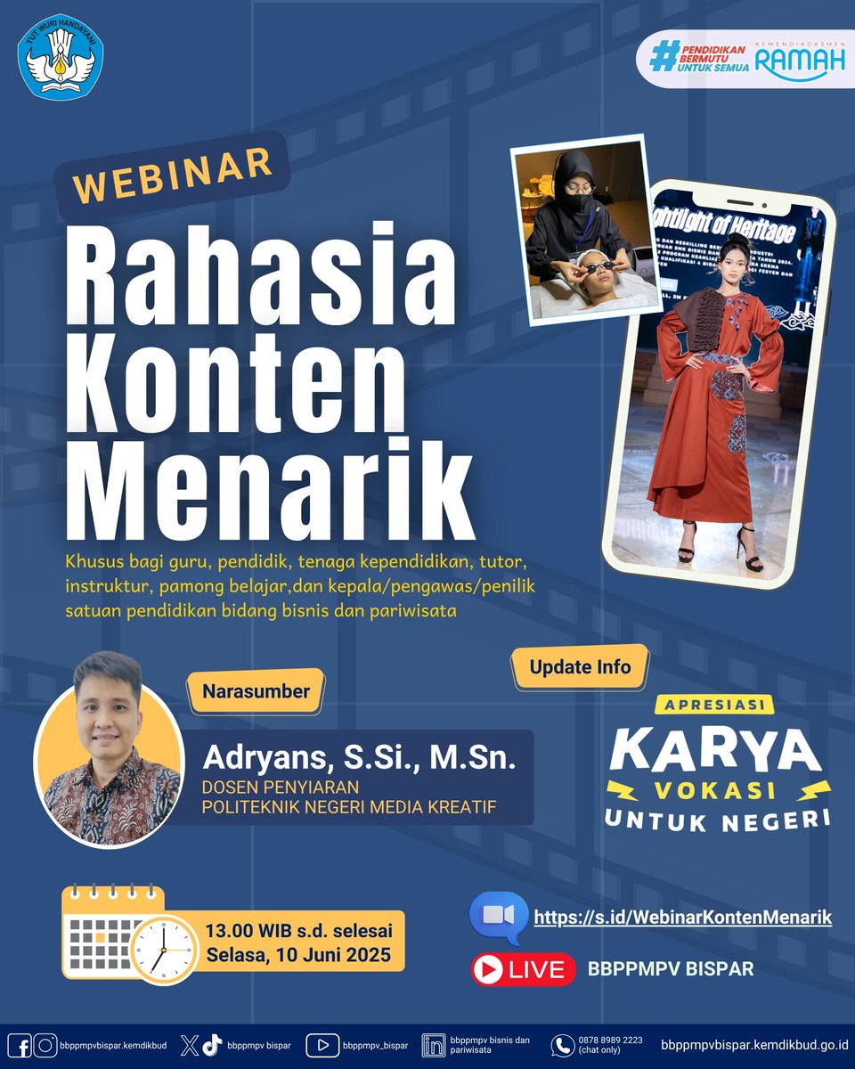 bbppmpv_bispar's tweet photo. "Dari SMK untuk Negeri: Wujudkan Konten Menarik di Media Sosial! "

Hari/tanggal : Selasa, 10 Juni 2025
Waktu : 13.00 s.d. selesai
Zoom : https://t.co/fT4vQMLo5m
Youtube : BBPPMPV Bispar

Info lengkap Karya Vokasi untuk Negeri dapat dilihat melalui tautan: https://t.co/CGrZHbKAoh https://t.co/ttXzE9wXhI