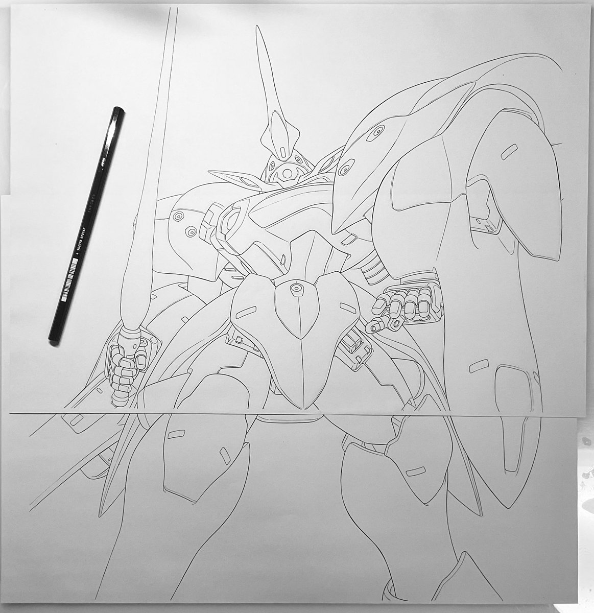 VガンダムとガンダムXのLD/VHSのジャケット線画のコピーです。Vガンダムでは謎の指示により毎度1番大きな(ほぼB2)の作画用紙に描いていました。デザイン画にないディテール足しは指令がありました。今のところコピー保管確認出来ているのはドムットリアとエンジェル・ハイロゥ(中心部)だけです。