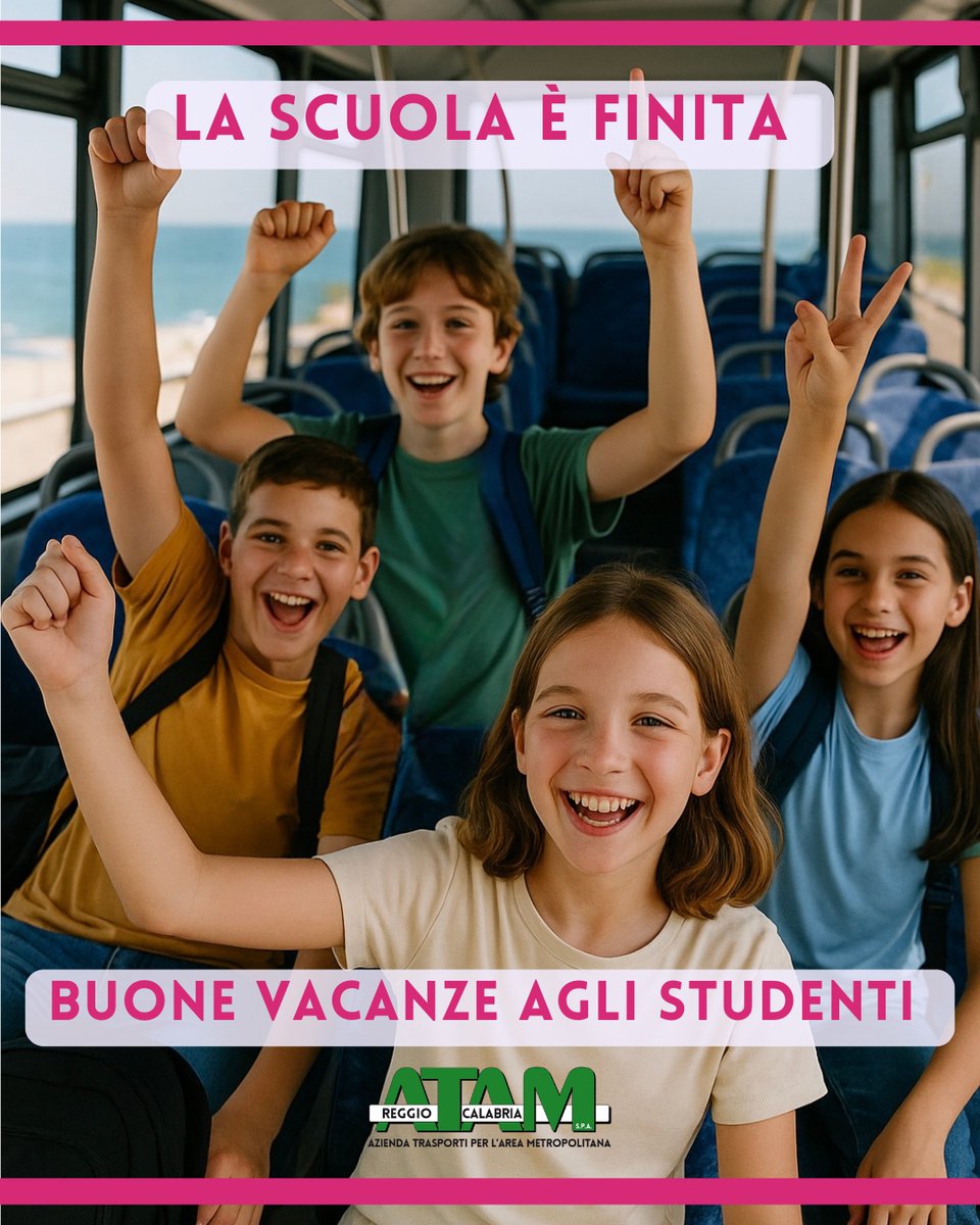 AtamRc's tweet image. 🎒📚 La #scuola è finita!
Salutiamo zaini, compiti e campanelle… e diamo il benvenuto all’#estate! ☀️🌊
Da oggi anche #ATAM entra in modalità estiva: è attivo l’orario estivo su tutte le nostre linee.
🕒 Consulta gli orari aggiornati sul sito atam-rc.it o sull’app.