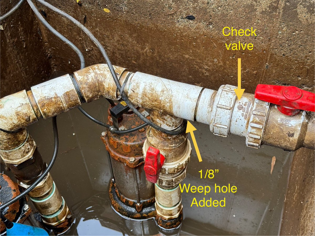 longzheng's tweet image. Life is hard when you have a sump pit. The pumps randomly developed an airlock overnight and no longer worked which might cause a flood. I had to climb into the pit and take the pipes apart 😭. I drilled a weep hole so hopefully it never happens again.🤞