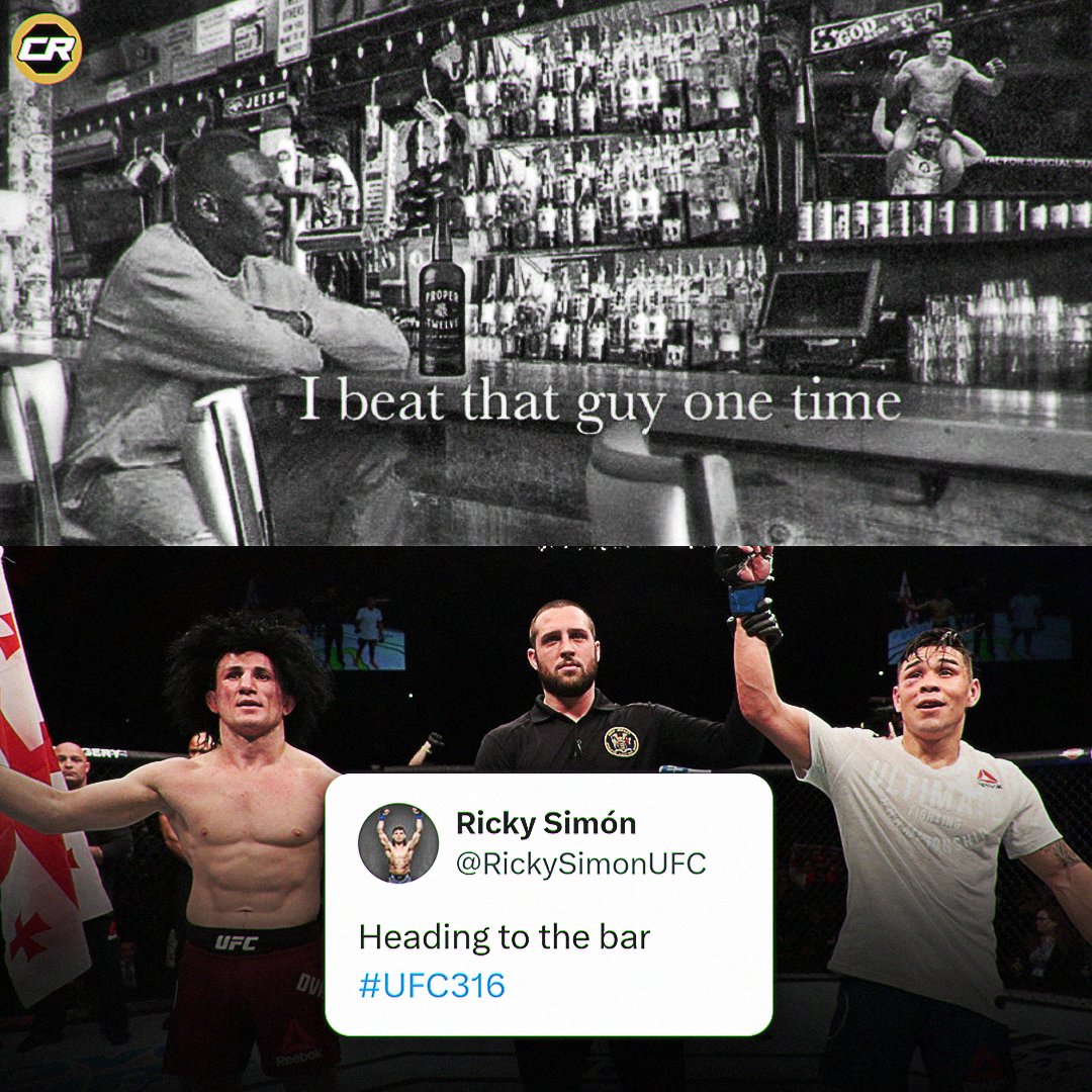 Championship Rounds (@champrds) on Twitter photo Ricky Simón reacts to Merab's win at #UFC316
"Heading to the bar" 😭😭
(via <a href="/RickySimonUFC/">Ricky Simón</a>) Ricky Simón reacts to Merab's win at #UFC316
"Heading to the bar" 😭😭
(via <a href="/RickySimonUFC/">Ricky Simón</a>)