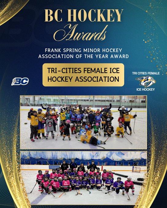 Congrats to the Tri-Cities Female Ice Hockey Association who was named the <a href="/BCHockey_Source/">BC Hockey</a> Frank Spring Minor Hockey Association of the Year! <a href="/TCPredators/">TriCities Predators Female Hockey</a> 
📸 BC Hockey