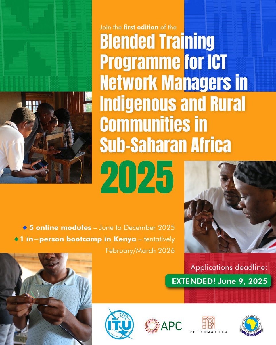 🚨 Last days to apply! 🚨

Don’t miss the chance to join the Blended Training Programme for ICT Network Managers, developed by <a href="/ITUAfrica/">ITU Regional Office for Africa</a> <a href="/APC_News/">APC</a> <a href="/AFRALTI/">AFRALTI</a> <a href="/rhizomatica/">Rhizomatica</a> 

📅 Application deadline: 9 June
Application - forms.gle/4ygr3N4h4UzPmr…
