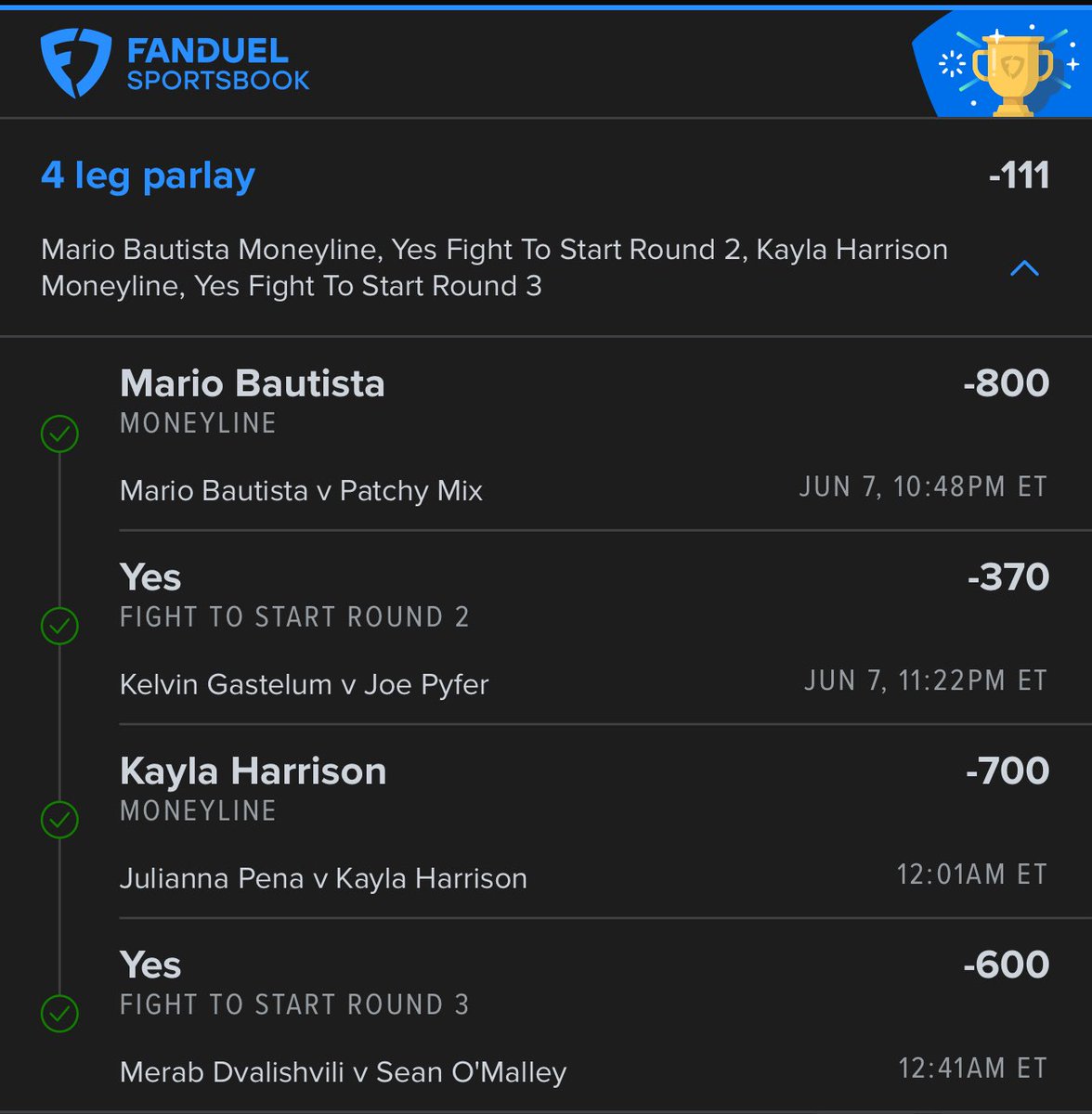 3-3 in UFC so not bad.  MLB killed us again today though 1-5.  <a href="/PubSportsRadio/">Pub Sports Radio ™</a> <a href="/J_MyTwoCents/">Just MyTwoCents</a>