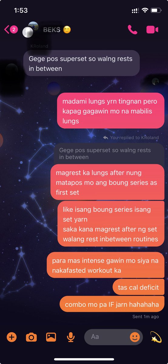yung gc ng work barkada mo is naging online coaching. 
Tas isusumpa ka nila kasi bibigyan mo ng pamatay na program😅