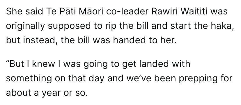 I wonder if Rawiri Waititi’s suspension would have been longer if he had torn up the bill, and not chickened out and given it to Hana-Rāwhiti Maipi-Clarke?