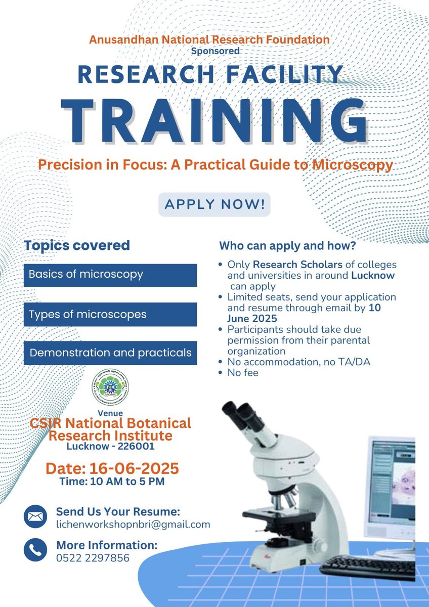 nayakasanjeeva's tweet photo. Training on microscopy for researchers in and around Lucknow. @ANRFIndia SSR Activity at @csirnbrilko 
On 16-06-2025 https://t.co/51O2EzT0Xs