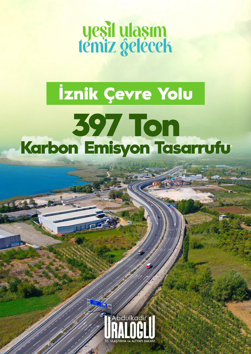 Yeşil Ulaşım, Temiz Gelecek 🌍

İznik Çevre Yolu ile;

♻️ 397 ton karbon emisyon tasarrufu sağladık. 

“Ulaşımda Yeşil Dönüşüm” ile
#TürkiyeHızlanıyor 🇹🇷