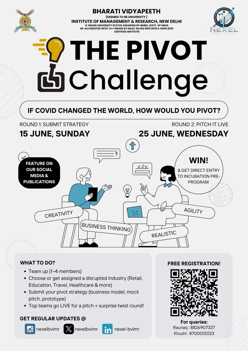 NexelBvimr's tweet photo. 🚀 THE PIVOT CHALLENGE: If COVID changed the world, how would YOU pivot? Think like a founder! Team up (1-4), submit your strategy by June 15. Pitch live online on June 25. Win incubation, prizes! Register/updates links in comments #ThePivotChallenge #StartupSim #InnovateToLead https://t.co/01Dym8v8L4