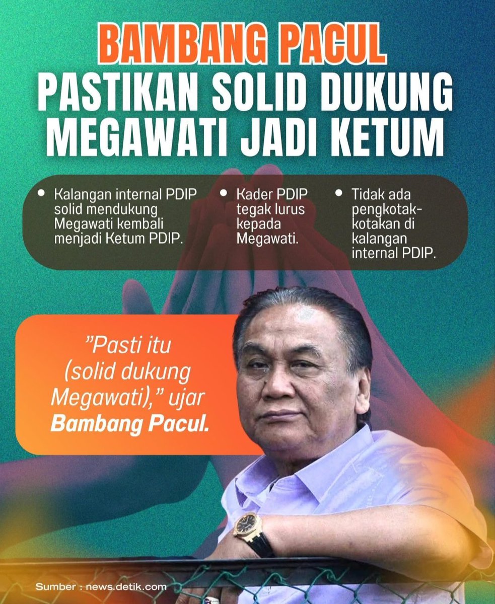 Emang akan ada yang tidak dukung Ibu Megawati Soekarnoputri menjadi Ketum kah??? 

Sebagai politikus senior yg udah kenyang sarapan asam garam, Komandan Korea, Bambang Pacul haqul yakin 1.000% solid dukung Ibu Mega