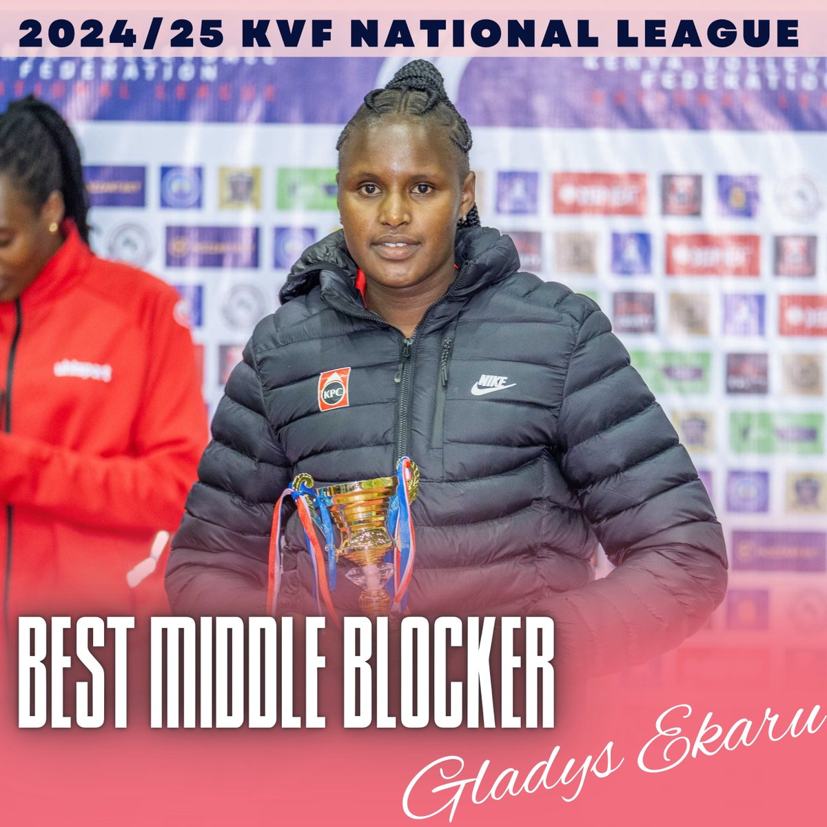 KVF 2024/2025 Women’s League: Fortress at the Net
BEST MIDDLE BLOCKER: GLADYS EKARU – KENYA PIPELINE (CAPTAIN) 

Captain. Commander. Wall at the net.
Gladys Ekaru led by example — shutting down attacks and owning the middle.