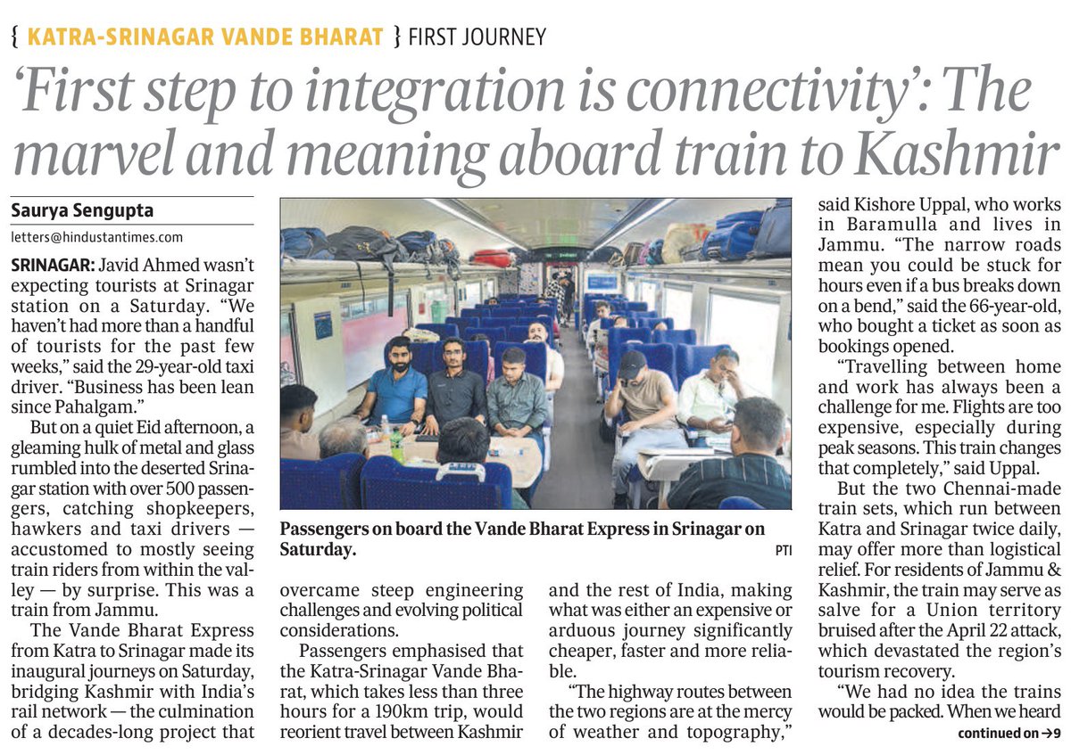For Kashmir, bruised by terror yet again, a new train that rolled into Srinagar on Saturday may solve more than trade and transit challenges.

In today's HT, I write from the Katra-Srinagar Vande Bharat Express, the first train to bridge Kashmir with India's vast rail network.