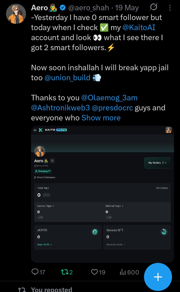 aero_shah's tweet image. I started my yapping journey from below 100 followers I did my first tweet in 7th April and I got just 17 views on my first media post about @union_build even till 27 April date i were have only 92 followers
Table turn around me when I get my first smart follower In 19 may I…