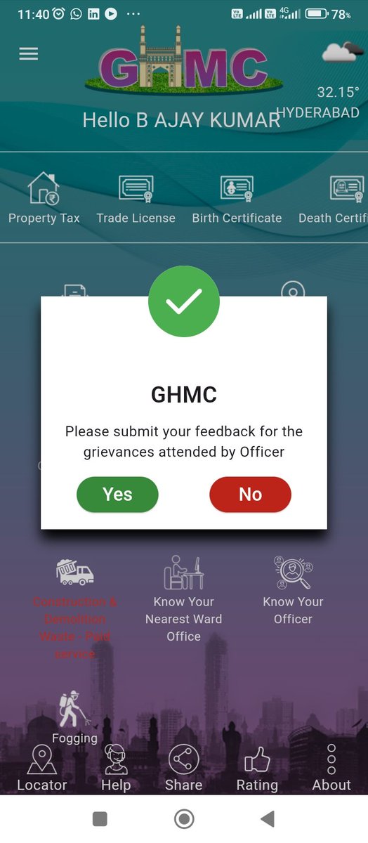<a href="/GHMCOnline/">GHMC</a> 
<a href="/AEHO_IT/">AE (IT), GHMC</a>
All feedback submitted. 
Few are in SLBC ( NO sms received for these grievances ) and doesn't allow to give feedback. 
Confirm how to proceed to raise a new grievance, without selecting Yes Or NO for this feedback pop up. 
<a href="/AEHO_IT/">AE (IT), GHMC</a>  Could you state the