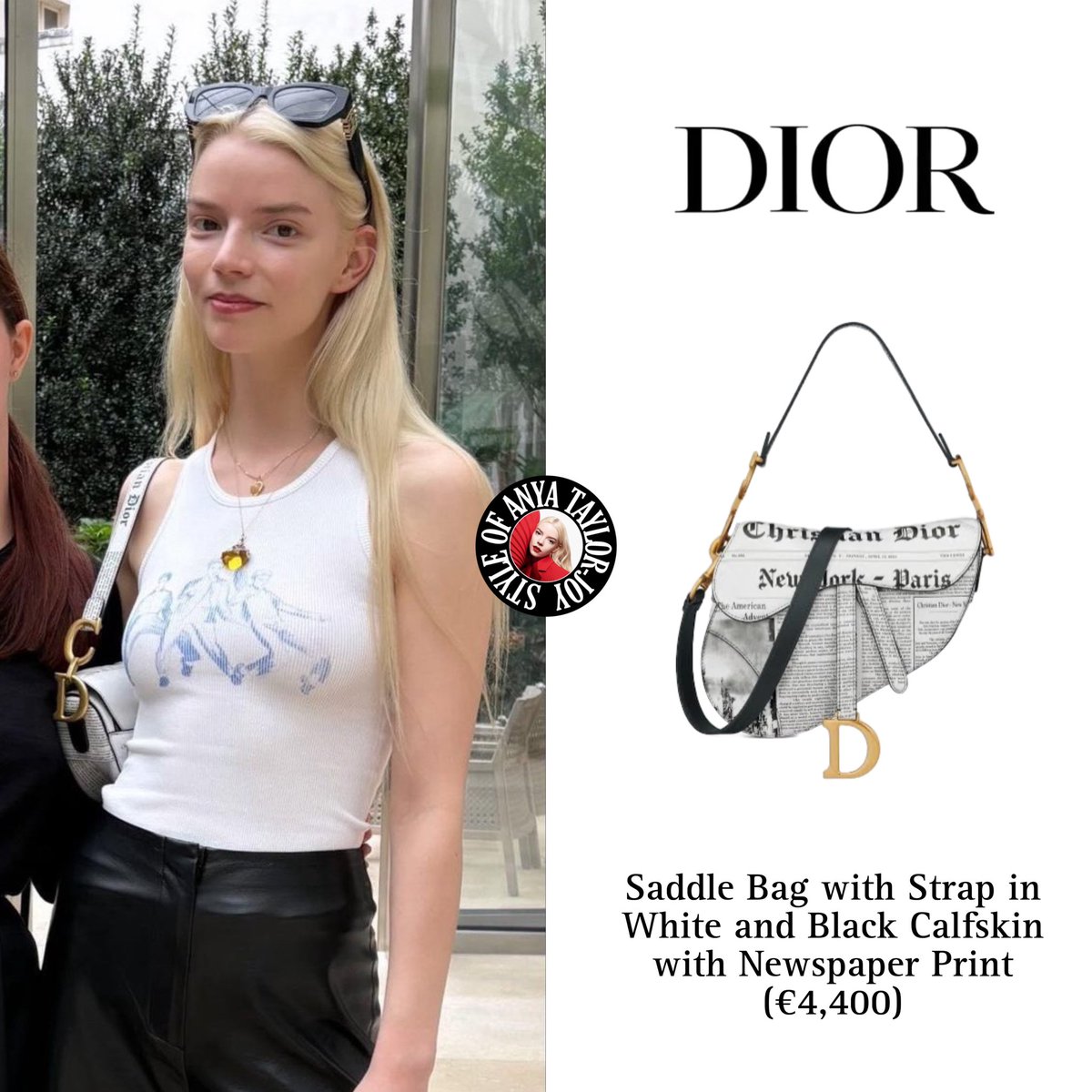 Anya Taylor-Joy with a fan recently, wearing:

- <a href="/RealisationPar/">Réalisation Par</a> The Spinout Tank in All Shook Up (n/a)
- <a href="/Dior/">Dior</a> MissDior S1I Black Rectangular Sunglasses ($520) and Saddle Bag with Strap in White and Black Calfskin with Newspaper Print (€4,400)

[1/2]