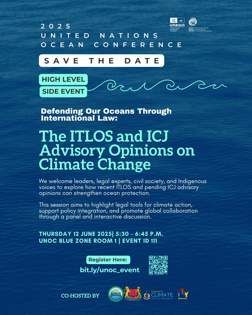 Join us at #UNOC2025 for a high-level side event on how international law is being used to safeguard our oceans from the #climatecrisis. 

 Register to attend in person: bit.ly/unoc_event 

Co-hosted by the Governments of Vanuatu, Cook Islands, Singapore &amp; AOSIS.

#SDG14