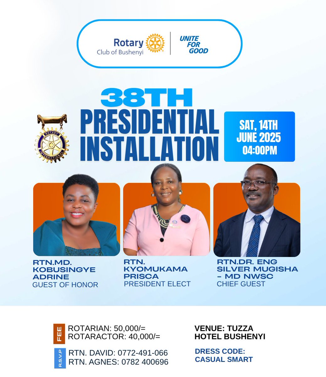 The long wait is over📍📍@Rcbushenyi installs the 38th President 🚨 38 years of creating impact in communities. 

President Elect: Rtn. Kyomukama Prisca

Guest of Honour: Ms. Kobusingye Adrine - Board Chairperson Igara Tea.

Chief Guest: Dr. Silver Mugisha <a href="/NWSCMD/">Dr. Silver Mugisha</a>

See you all💃