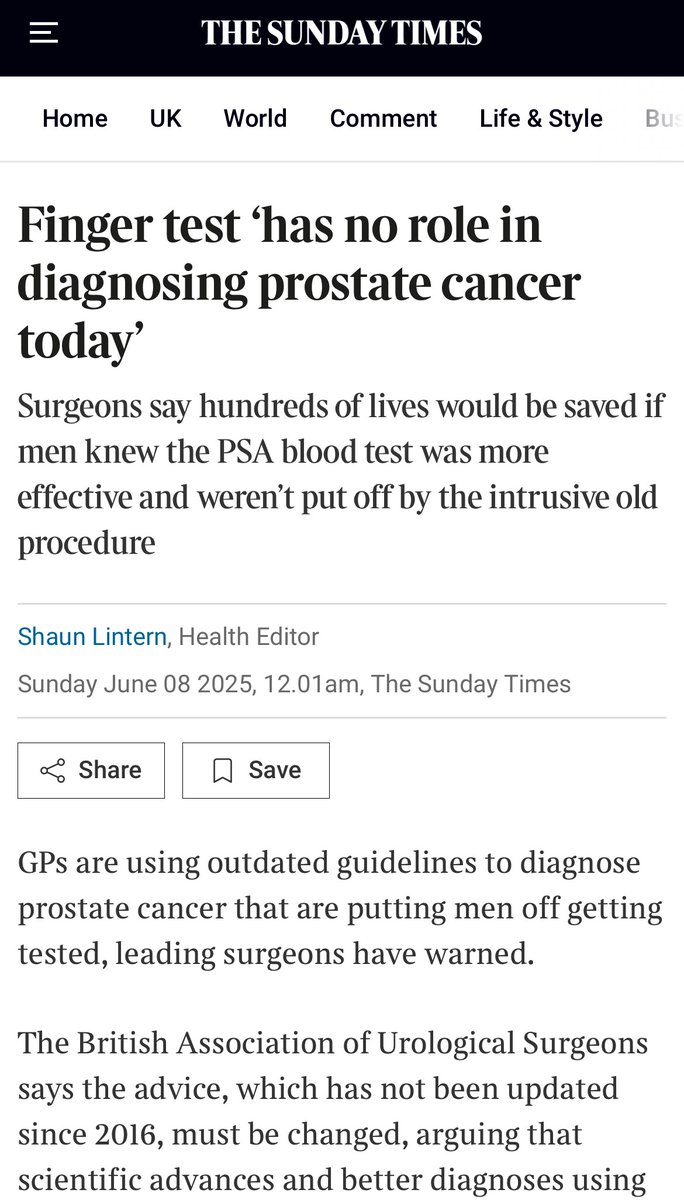 BAUS (@bausurology) on Twitter photo 📰👀Finger test ‘has no role in diagnosing prostate cancer today’
We, alongside <a href="/ProstateUK/">Prostate Cancer UK</a>, have united in calling for an end to the routine use of the digital rectal examination, with it no longer being a useful test for #ProstateCancer
Via <a href="/thetimes/">The Times and The Sunday Times</a>: thetimes.com/uk/healthcare/… 📰👀Finger test ‘has no role in diagnosing prostate cancer today’
We, alongside <a href="/ProstateUK/">Prostate Cancer UK</a>, have united in calling for an end to the routine use of the digital rectal examination, with it no longer being a useful test for #ProstateCancer
Via <a href="/thetimes/">The Times and The Sunday Times</a>: thetimes.com/uk/healthcare/…