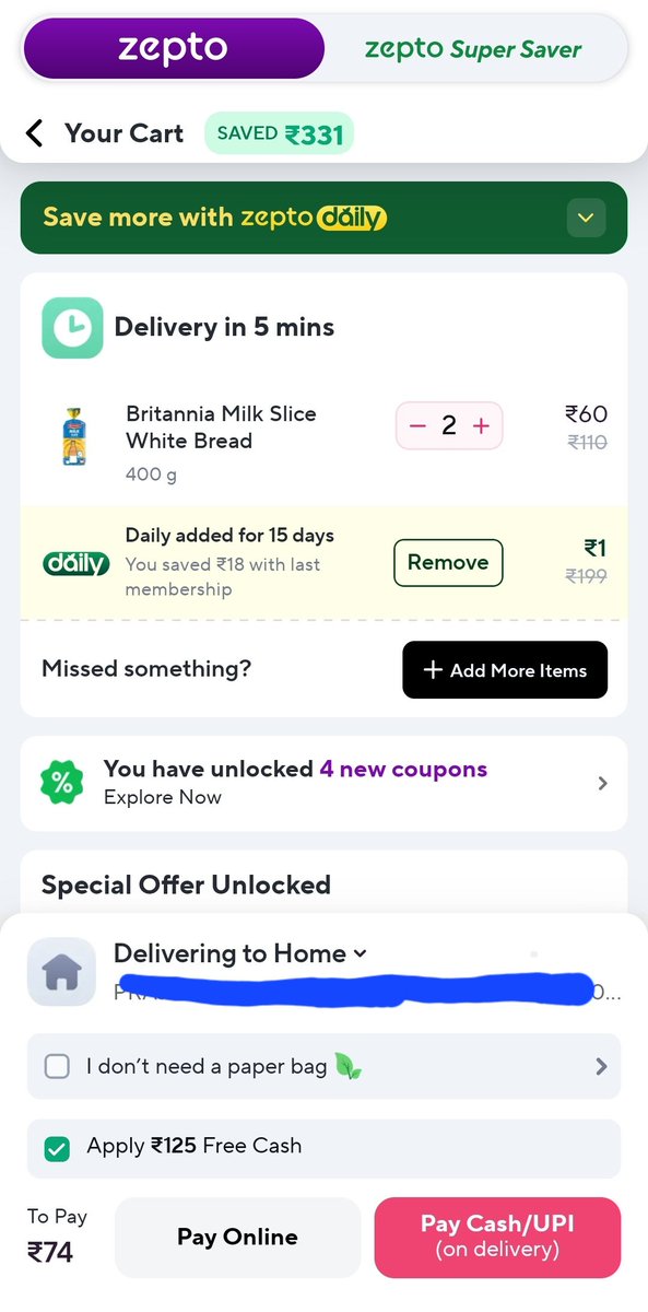 DharmeshRathor's tweet photo. @ZeptoNow Fraud alert, need to learn math calculation.
Added 2 bread 110 INR and 1 INR free delivery membership.14 INR handling https://t.co/jwnApHZhc8 = 125. when i apply 125 free cash, 0 INR to be paid. But 75 rs delivery fee is being adjusted in 125 free cash, resulting bill 74. Fraud. https://t.co/wcnFJdueNX