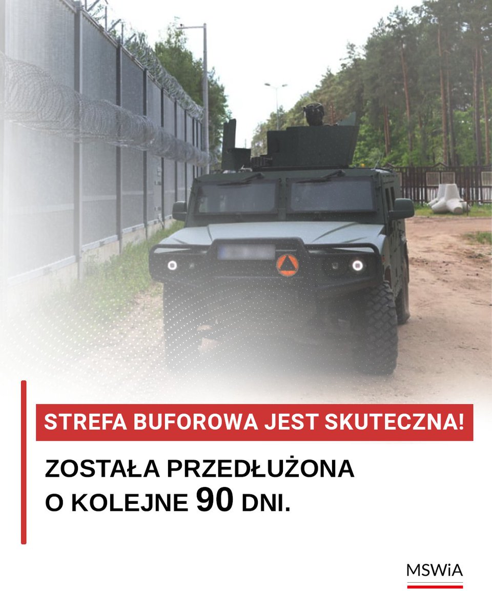 ❗  Strefa buforowa sprawdza się. 

O około 28 proc. spadła liczba prób nielegalnego przekroczenia granicy polsko-białoruskiej. 

📄Szef #MSWiA podpisał rozporządzenie, które przedłuża o kolejne 90 dni funkcjonowanie strefy buforowej na granicy z Białorusią. 

🔴 Regulacja