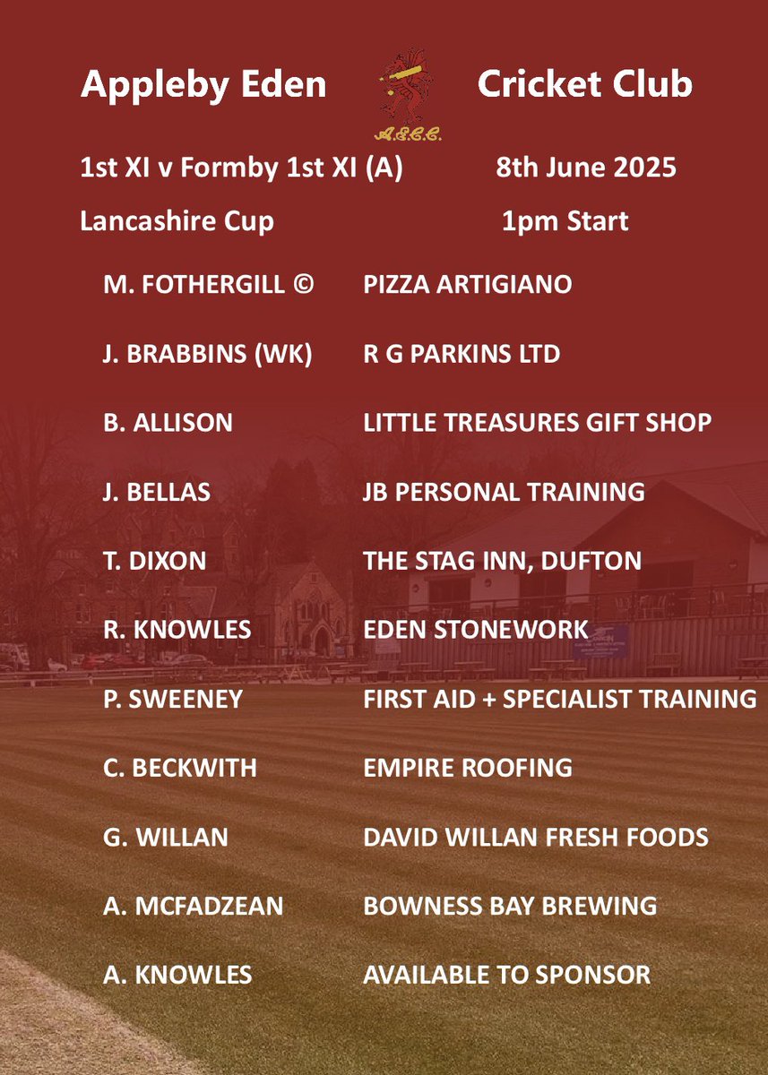 Game day!
1st XI v Formby (A) 1pm
3rd XI v Kirkby Lonsdale (A) 1pm
#AECC