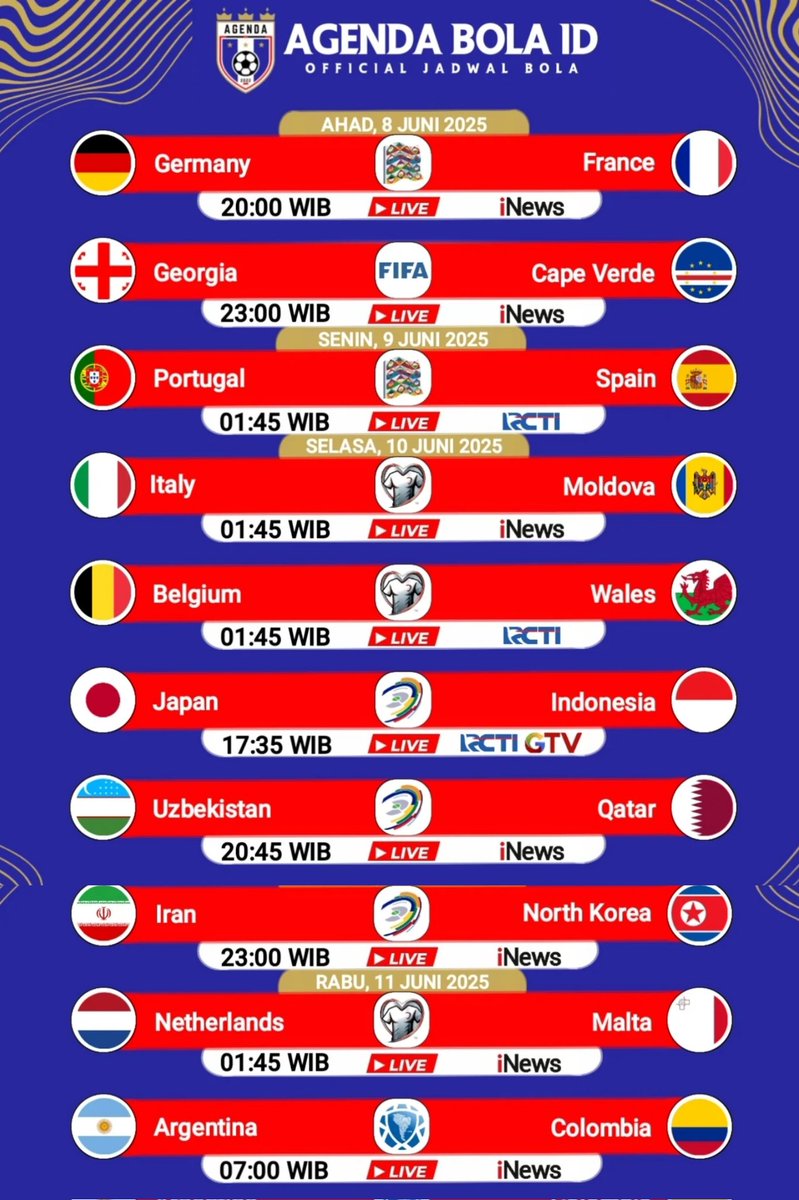 Yang mau nonton perebutan juara 3 &amp; final UEFA Nations League langsung dari Jerman, serta Kualifikasi Piala Dunia 2026 zona Eropa, Asia &amp; Amerika Selatan disiarkan langsung secara gratis oleh <a href="/officialinews_/">iNews</a>, <a href="/OfficialRCTI/">RCTI</a>/<a href="/RCTISports_/">RCTI Sports</a>, dan <a href="/OfficialGTVID/">OfficialGTVID</a> hingga hari Rabu pagi.