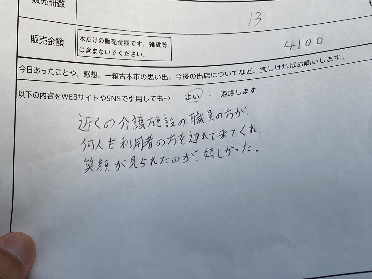 13冊4100円の売り上げでフィニッシュ。
気温は高めも時折涼しい風も吹いて、過ごしやすかった。多くの本好きの方と交流し、本もそれなりに売れて、学校町通での一箱古本市の楽しさを改めて感じた。