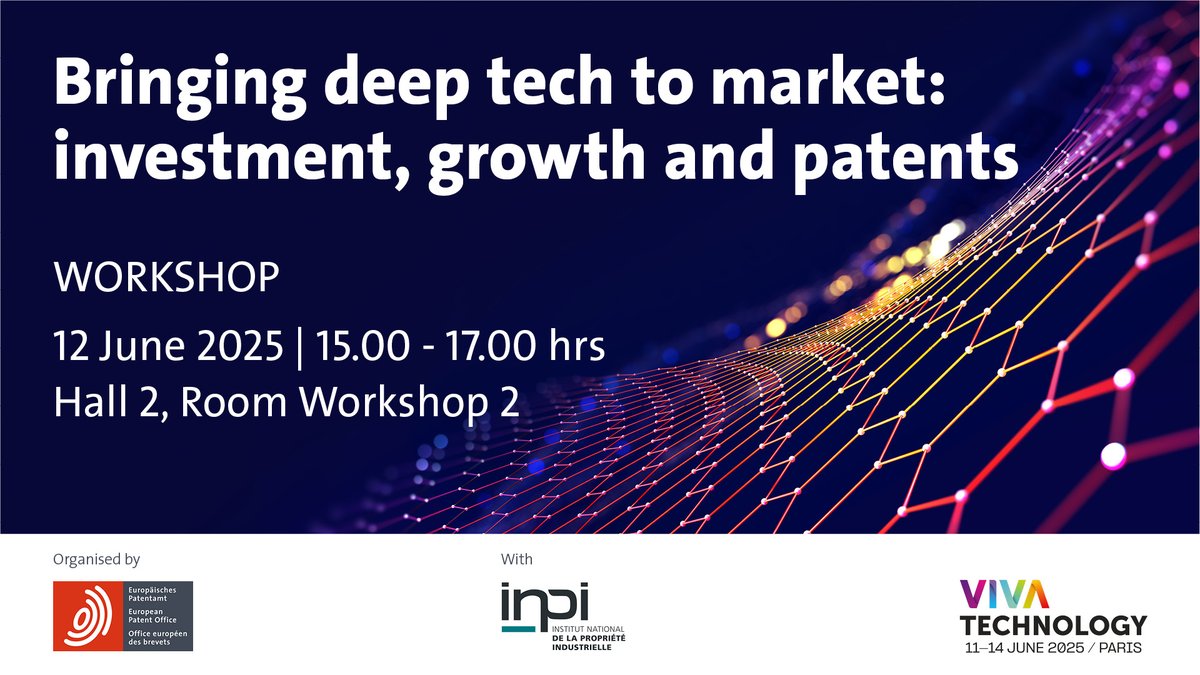 EPOorg's tweet image. Heading to @VivaTech?

Get ready for real inventor insights, free expert tools &amp;amp; practical advice you can use right away.
 
Don’t miss our workshop if you want to:
📊 Spot the latest deep tech trends
🔍 Master the #DeepTechFinder
🤝 Connect with the right investors

@INPIFrance