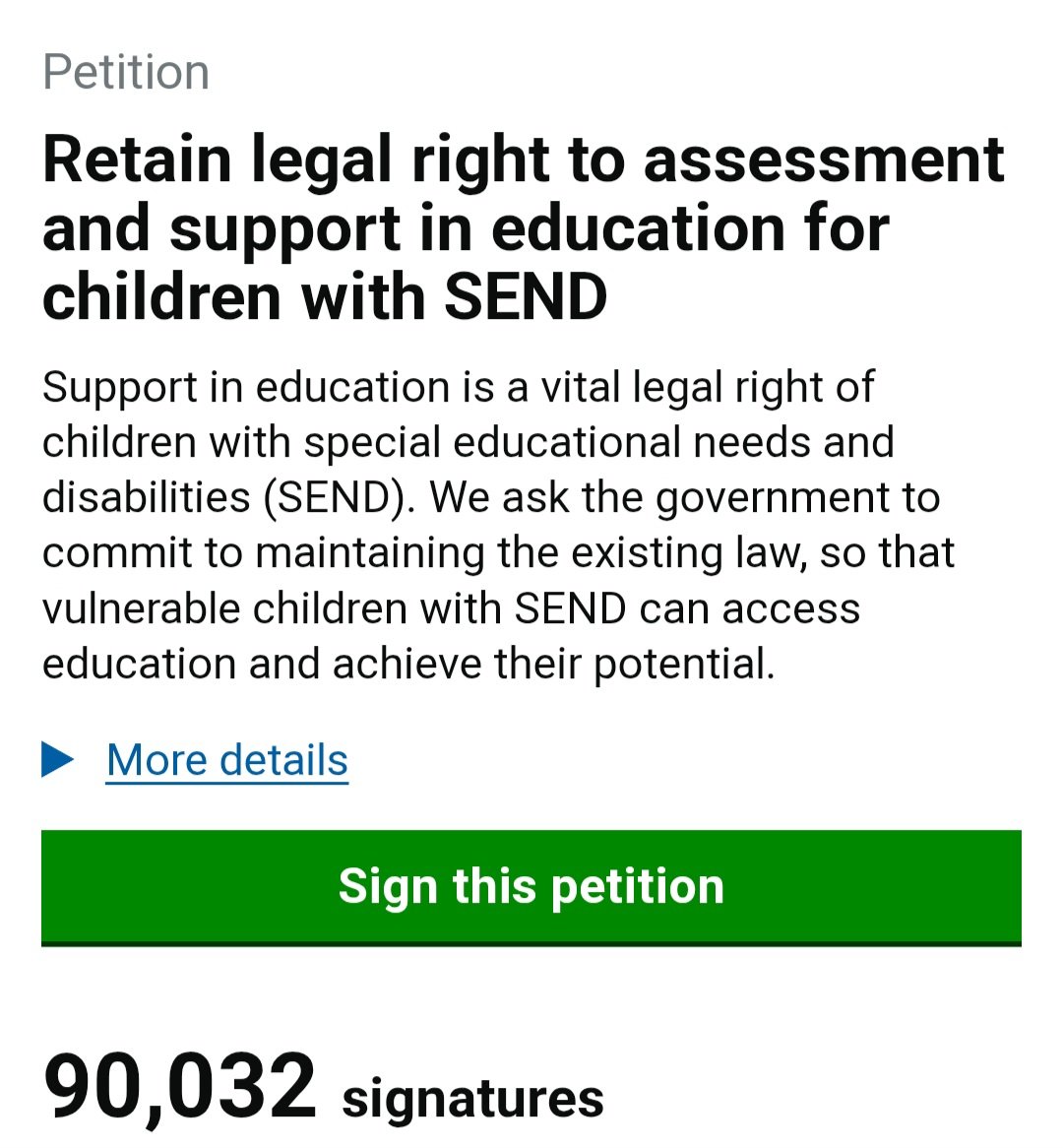 The petition to protect SEND children's rights has just hit 90,000 signatures!
One more BIG push is needed to get to 100,000 - and force a parliament debate before it's too late.
Please help by signing and sharing far &amp; wide.
Link in next tweet...