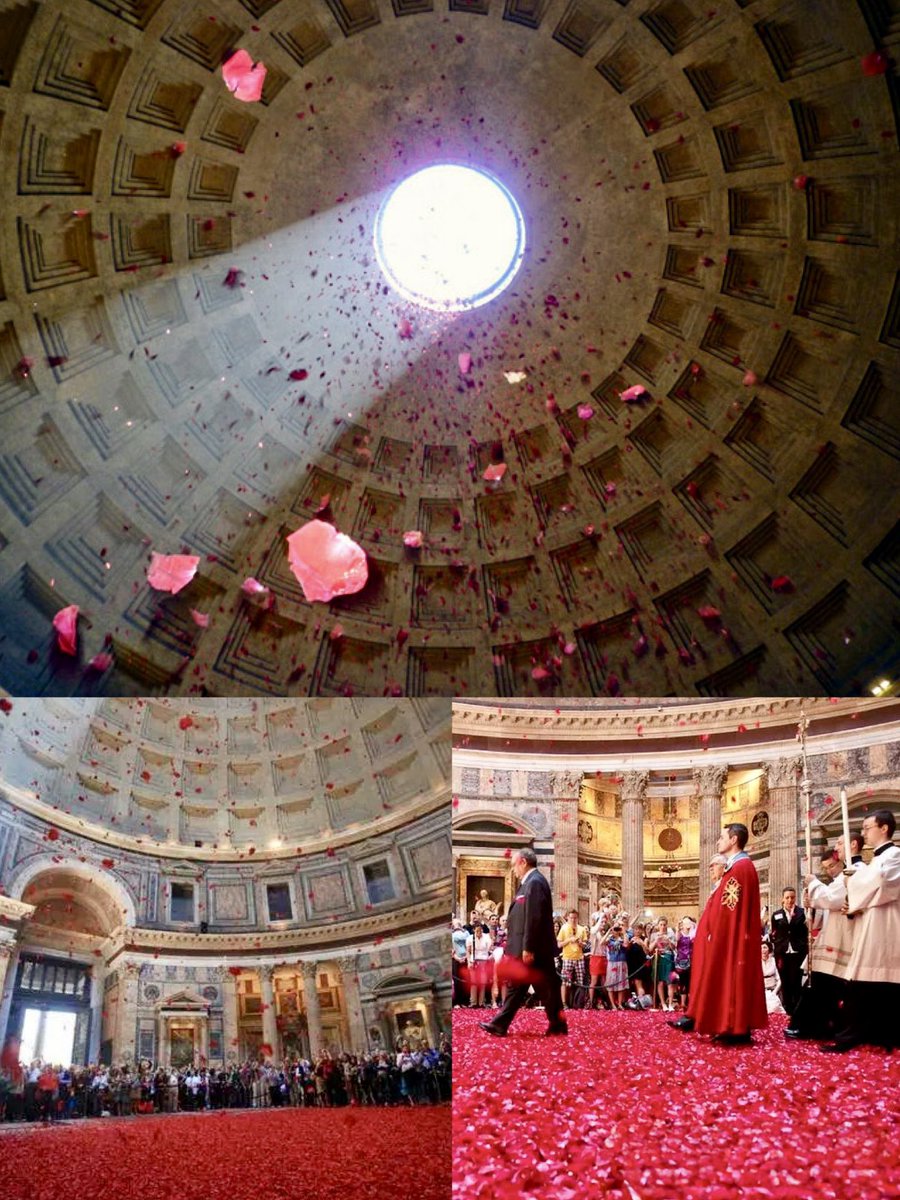 All eyes on Pantheon! 

Today, around noon, a shower of rose petals will be scattered from the Pantheon’s oculus by Roman firefighters, symbolizing the descent of the Holy Spirit on Pentecost Sunday 🌹 

Rome, Italy ✨