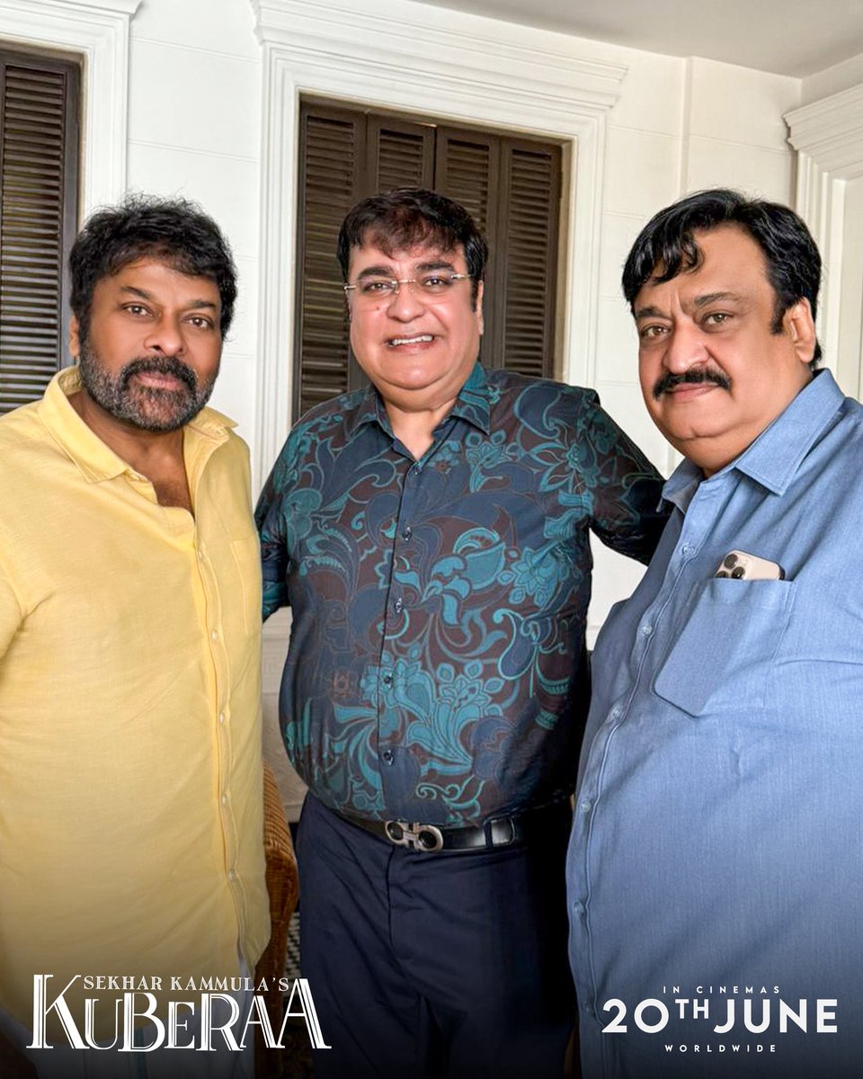 riseandroar_inc's tweet photo. The producers of #Kuberaa met Megastar @KChiruTweets garu and took his blessings ahead of the grand release on June 20th 🙏✨

When the man himself blesses the journey, greatness awaits ❤️‍🔥

In cinemas June 20, 2025.

#SekharKammulasKuberaa  #KuberaaOn20thJune https://t.co/yfQp7evpcf