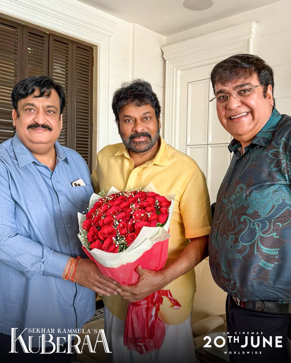 riseandroar_inc's tweet photo. The producers of #Kuberaa met Megastar @KChiruTweets garu and took his blessings ahead of the grand release on June 20th 🙏✨

When the man himself blesses the journey, greatness awaits ❤️‍🔥

In cinemas June 20, 2025.

#SekharKammulasKuberaa  #KuberaaOn20thJune https://t.co/yfQp7evpcf