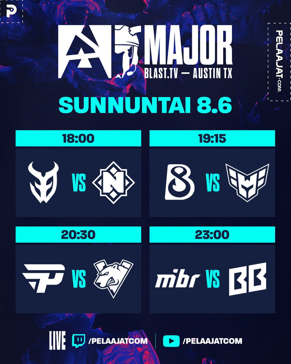Pelaajat.com (@pelaajatcom) on Twitter photo Sunnuntain matsit🙏
⏰ 18:00
📺twitch.tv/pelaajatcom & Pelcom-tube
🎤 <a href="/Oonraimo/">Aleksi Takkinen</a> & <a href="/sLowiCSGO/">Olli Pitkänen</a>
#esportsfi #counterstrike #BLAST Sunnuntain matsit🙏
⏰ 18:00
📺twitch.tv/pelaajatcom & Pelcom-tube
🎤 <a href="/Oonraimo/">Aleksi Takkinen</a> & <a href="/sLowiCSGO/">Olli Pitkänen</a>
#esportsfi #counterstrike #BLAST