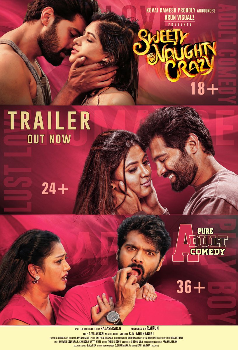 Arun Visualz (@arunvisualz) on Twitter photo Adult comedy entertainer #SweetyNaughtyCrazy Trailer Out Now @ 6 PM.
PURE ADULT COMEDY 🔞
Directed by #RajasekarG
<a href="/ArunEventsOffl/">ArunEvents</a> @Thrigun_Actor <a href="/IamIneya/">Ineya</a>Â <a href="/ProBhuvan/">Pro.Bhuvan Selvaraj</a> Adult comedy entertainer #SweetyNaughtyCrazy Trailer Out Now @ 6 PM.
PURE ADULT COMEDY 🔞
Directed by #RajasekarG
<a href="/ArunEventsOffl/">ArunEvents</a> @Thrigun_Actor <a href="/IamIneya/">Ineya</a>Â <a href="/ProBhuvan/">Pro.Bhuvan Selvaraj</a>