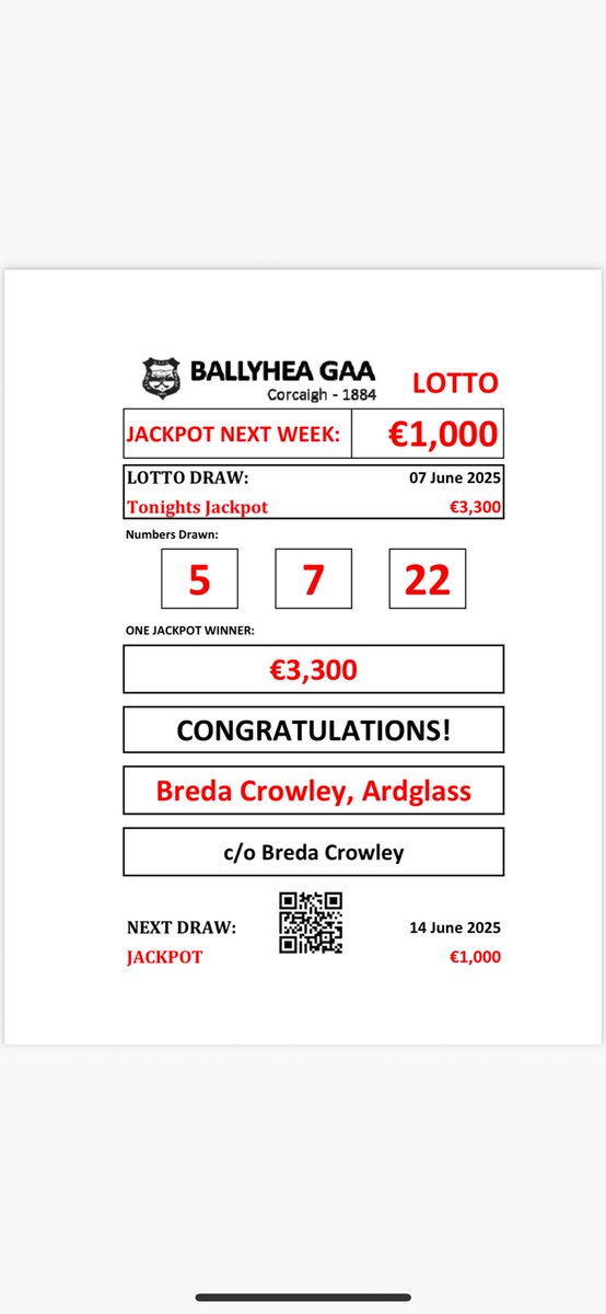 Massive congratulations to Breda Crowley on winning last nights jackpot 👏💰