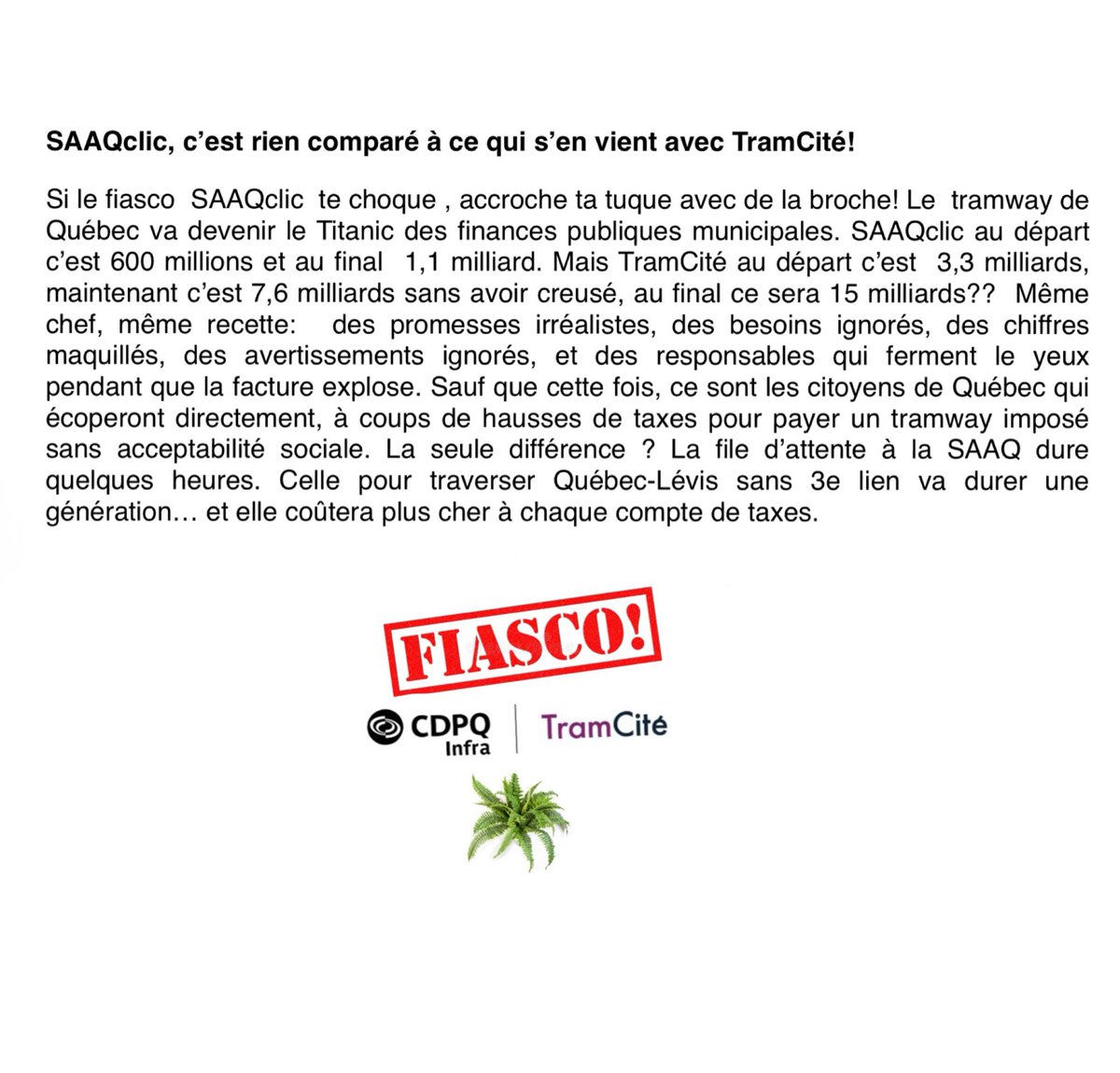 Takebakicitte's tweet photo. On pense avoir vu le pire de la CAQ avec SAAQclic. Attend de voir le fiasco du tramway de Québec, rebaptisé TramCité. Un dépassement de coûts sans précédent. Think Big esti! Un gouffre financier creusé à même nos rues, qui doublera notre compte de taxes. #tramwayquebec https://t.co/3f2YLHhw6N