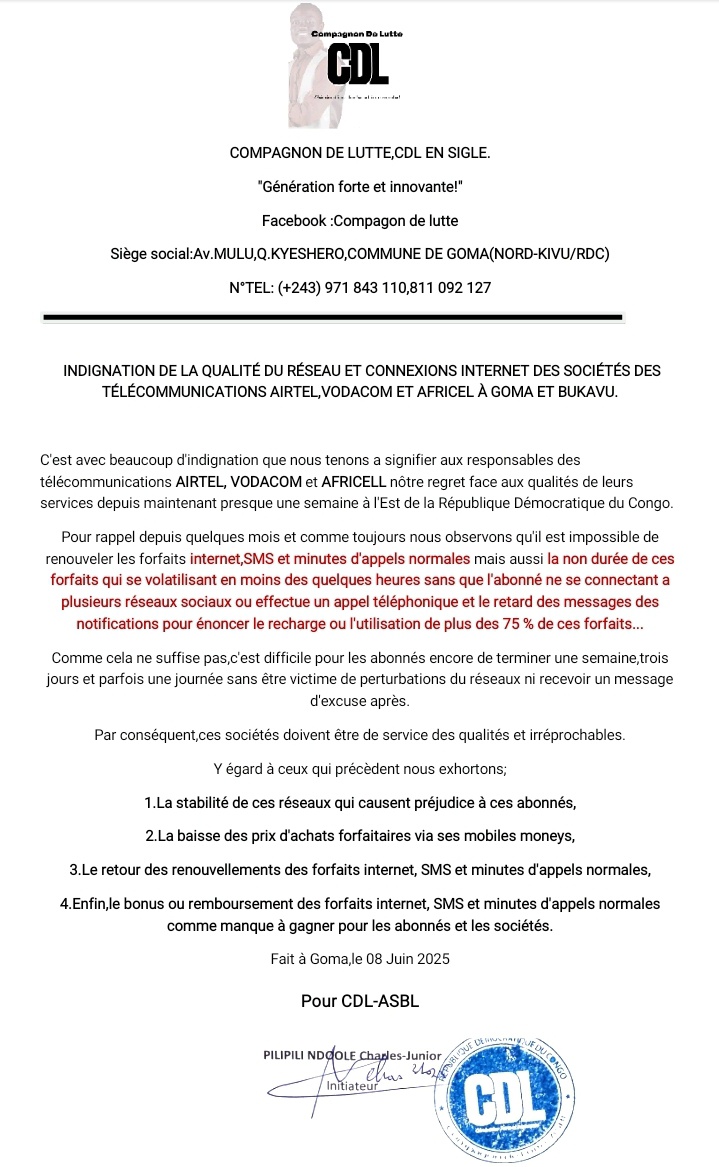 PILIPILI NDOOLE Charles Junior (@ndoolejunior) on Twitter photo #RDC🇨🇩: Indignation de l’asbl/#CDL de la qualité du réseau et connexions internet des sociétés des télécommunications; <a href="/airtelrdc/">Airtel RDC</a>,<a href="/Vodacomcongo/">Vodacom RDC</a> et <a href="/AfricellRDCongo/">Africell RDCongo</a> à #Goma et #Bukavu.
#PNCJr #RDC🇨🇩: Indignation de l’asbl/#CDL de la qualité du réseau et connexions internet des sociétés des télécommunications; <a href="/airtelrdc/">Airtel RDC</a>,<a href="/Vodacomcongo/">Vodacom RDC</a> et <a href="/AfricellRDCongo/">Africell RDCongo</a> à #Goma et #Bukavu.
#PNCJr