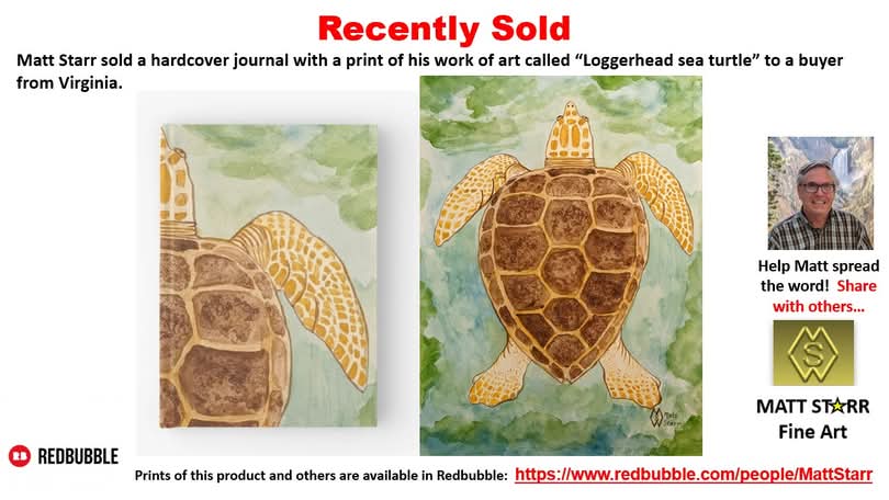 MattStarrFineA1's tweet photo. I recently sold a hardcover journal with a print of my work of art called “Loggerhead Sea turtle” to a buyer from Virginia in my Redbubble art shop. https://t.co/RENFn9trxn
#mattstarrfineart #art #seaturtle #seaturtles #loggerheadturtle #turtle #turtles #sea #journals https://t.co/yet48N00W7