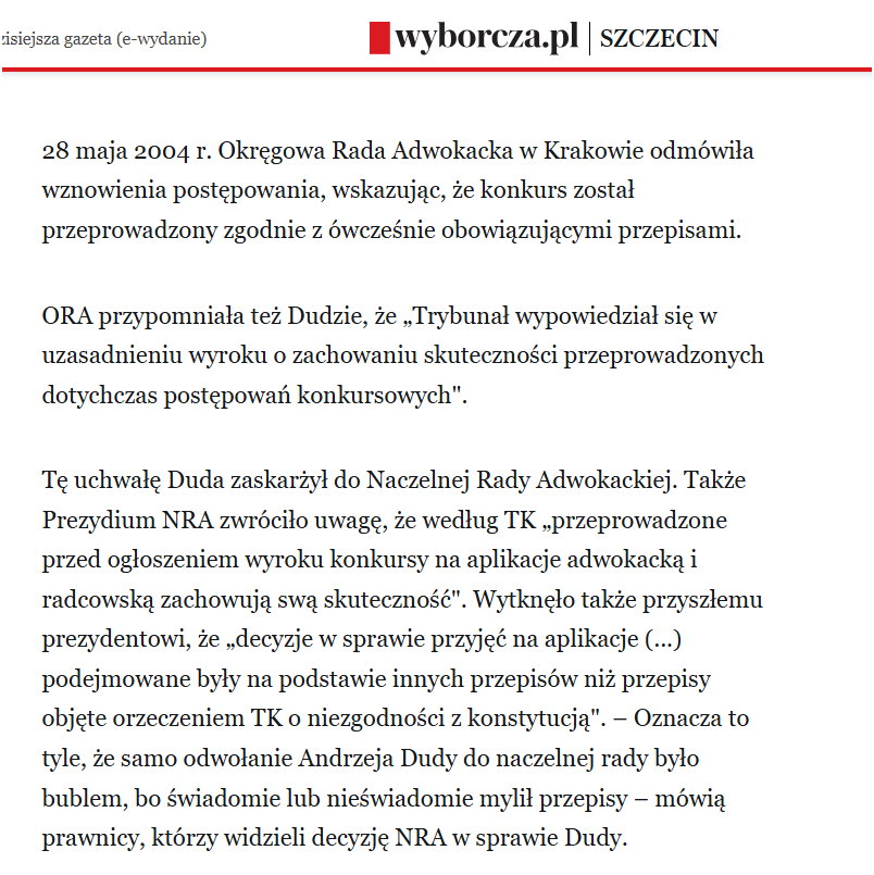 skrupulatny's tweet photo. Jak Duda nieudolnie próbował zostać adwokatem. Fakty, nie opinia. 
Na egzaminie pisemnym Duda zdobył 67 punktów, podczas gdy minimum wynosiło 85 punktów. Oczywiście nie zdał. 
Postanowił podważyć decyzję odmowną, ale Okręgowa Rada Adwokacka odmówiła wznowienia postępowania. Duda zaskarżył odmowę do Naczelnej Rady Adwokackiej, ta jednak nie podzieliła jego argumentów, wskazując, że we wniosku pomylił przepisy. 🤡