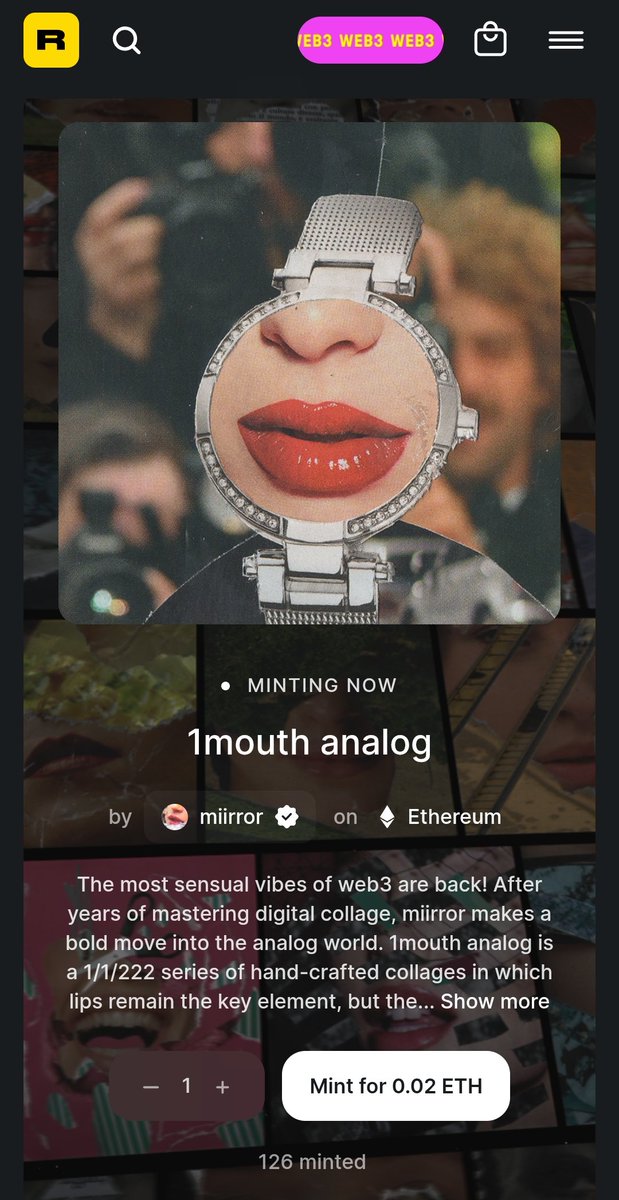 Everything's back to normal 🖤

Go get a mouth! 👄 
126/222 minted, 0.02 eth for a 1/1 

Here ⤵️
rarible.com/collection/0x3…