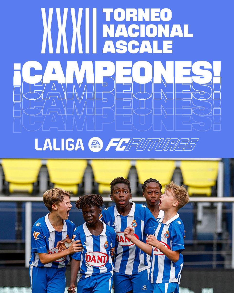 LaLiga's tweet photo. 🎊🎉👏¡ENHORABUENA, pericos! 🎊🎉👏

💙🏆✨🤍 ¡El @RCDE_La21 es EL CAMPEÓN del XXXII Torneo Nacional ASCALE #LALIGAFCFUTURES! https://t.co/Nnyre2JmQs