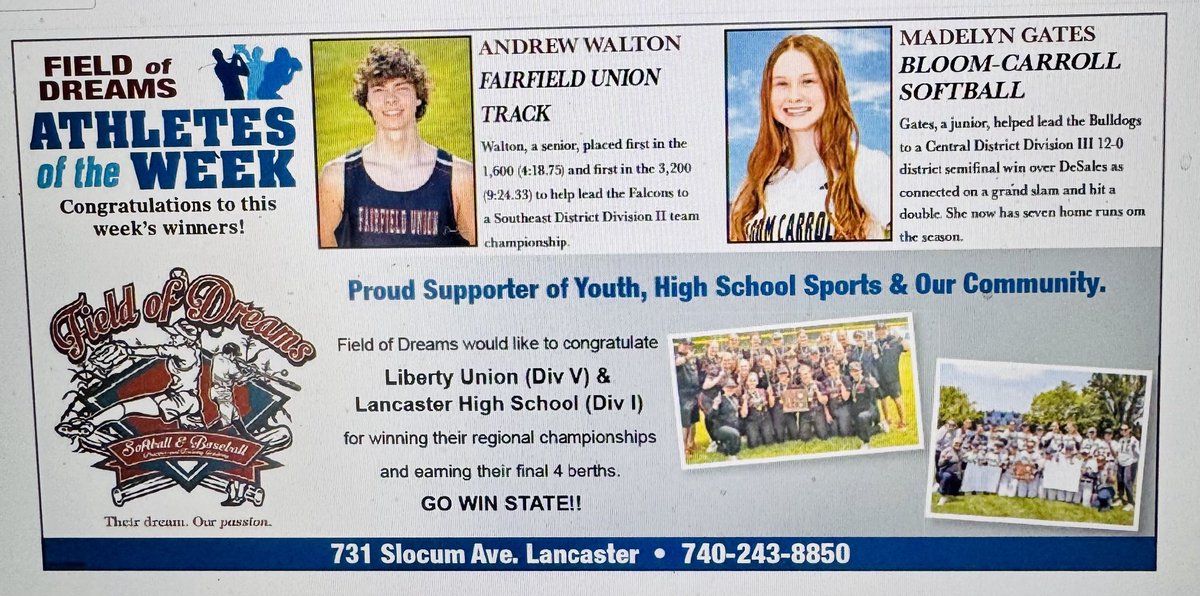 Field of Dreams Eagle-Gazette Athletes of the Week: Fairfield Union’s Andrew Walton and Bloom-Carroll’s Madelyn Gates. ⁦<a href="/bringingxcback3/">FUHS Cross Country</a>⁩ ⁦<a href="/AthleticsFuhs/">Fairfield Union Athletics</a>⁩ ⁦<a href="/MadelynG2026/">Madelyn Gates</a>⁩ ⁦<a href="/BCBulldogSB/">BC Bulldog Softball</a>⁩