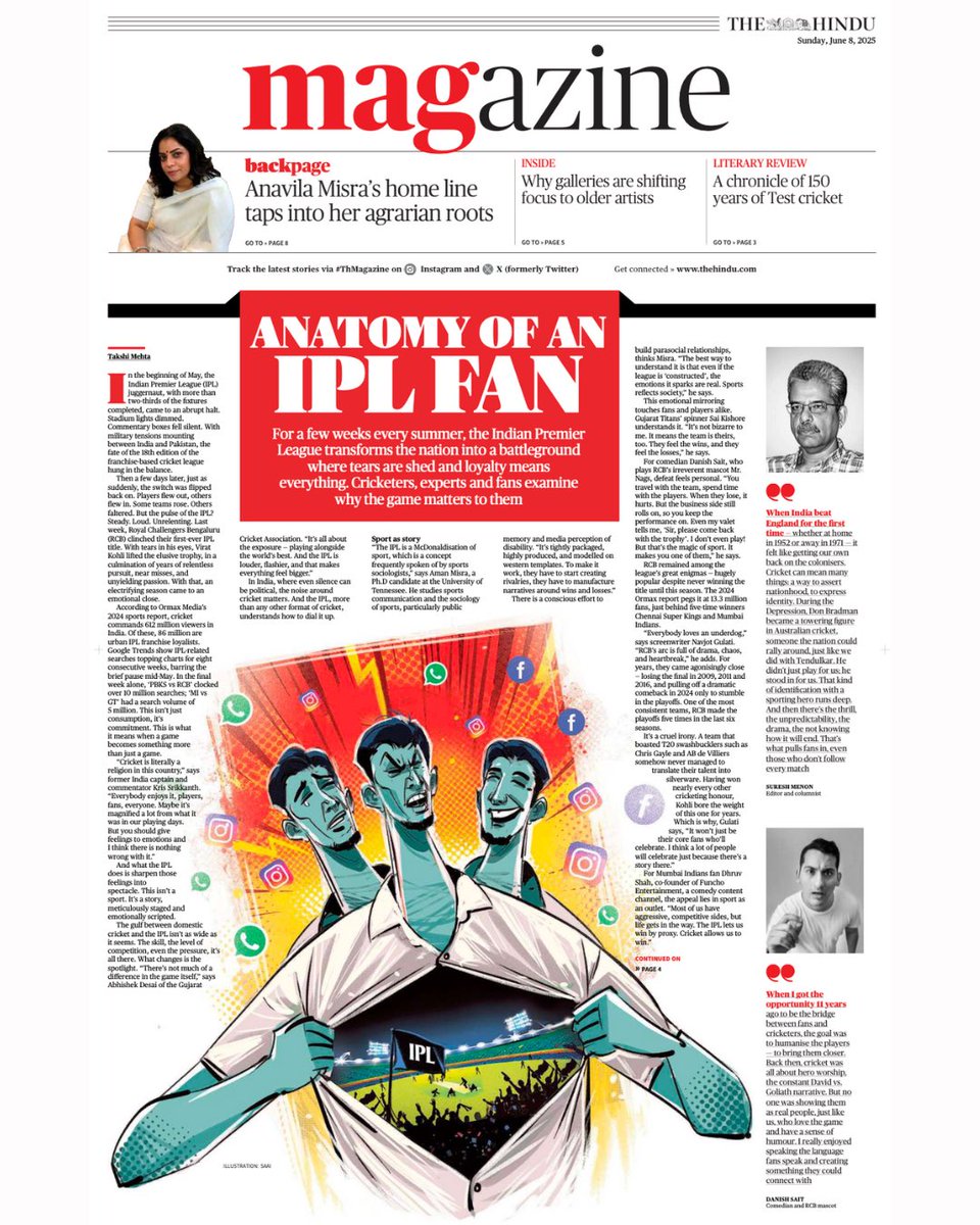 TakshiMehta's tweet photo. Before I share this cover story for @TheHindu, a pause: a day after it went to print, 11 people died in a stampede outside Chinnaswamy. This piece celebrates fandom—but also reminds us of its darker side. When devotion isn’t met with care, it can turn deadly. (1/2) https://t.co/YnFR08pdFA