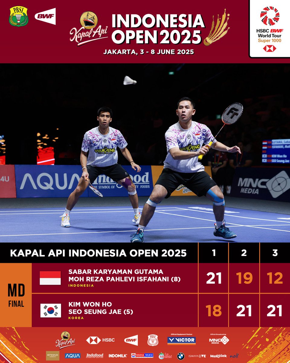 INABadminton's tweet photo. Sabar/Reza meraih posisi runner up di ajang KAPAL API Indonesia Open 2025.

Terima kasih sudah selalu berjuang maksimal sejak babak pertama. Kalian terbaik! 💪🏸🇮🇩

#BadmintonIndonesia #KAPALAPIIndonesiaOpen2025 #KAIO2025 https://t.co/nVOlxjrYUT