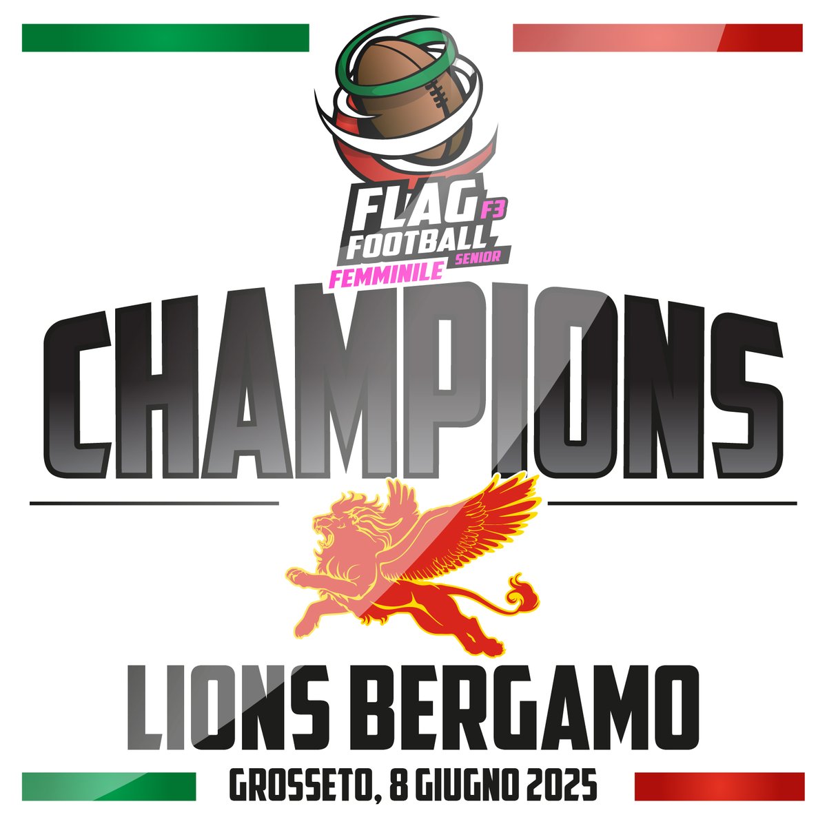 Fidaf Gameday (@fidafgameday) on Twitter photo F3 - Complimenti alle <a href="/LionsBergamo/">Lions Bergamo</a>, Campionesse d'Italia!
🇮🇹🏈🏆 #2k25F3 #FIDAFGameday #FlagFootballFemminile #Grosseto2k25
italia.fidaf.org/f3 F3 - Complimenti alle <a href="/LionsBergamo/">Lions Bergamo</a>, Campionesse d'Italia!
🇮🇹🏈🏆 #2k25F3 #FIDAFGameday #FlagFootballFemminile #Grosseto2k25
italia.fidaf.org/f3